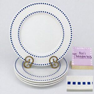 Totally Today White Blue Squares Band Smooth Ceramic 10.25" Dinner Plates Set 4